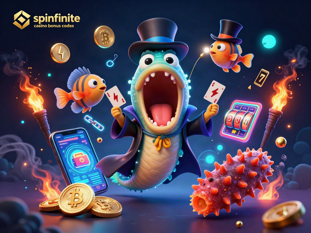 Engage with spinfinite casino bonus codes through vibrant 3D casino-themed artistry showcasing exciting characters.