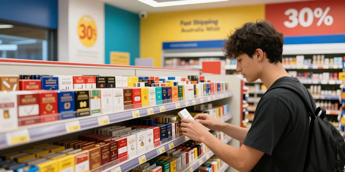 Young adult exploring cheap cigarettes online Australia offers in a vibrant store.