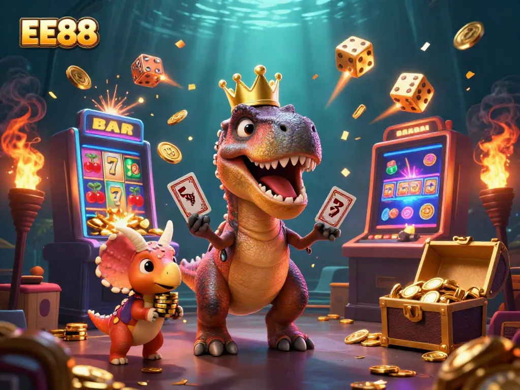 Experience the thrilling world of EE88 with engaging characters and vibrant casino action in a captivating digital artwork.