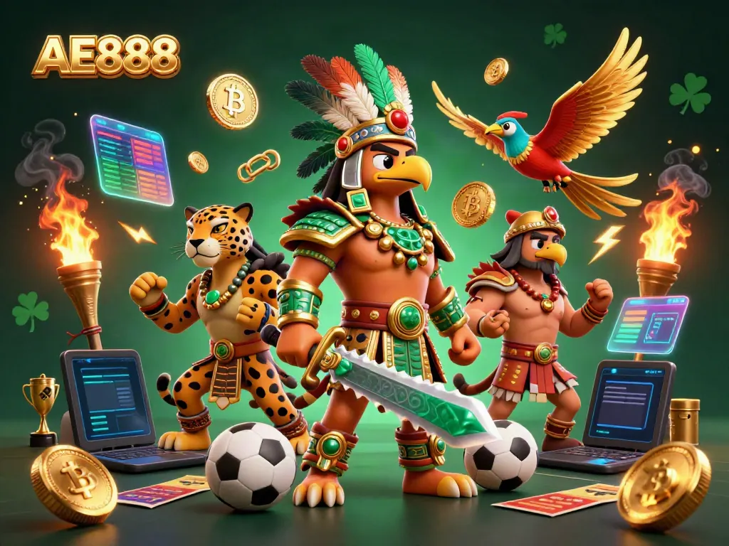 Bet on sports with AE888 illustrated by Aztec warrior eagle and dynamic gaming elements.