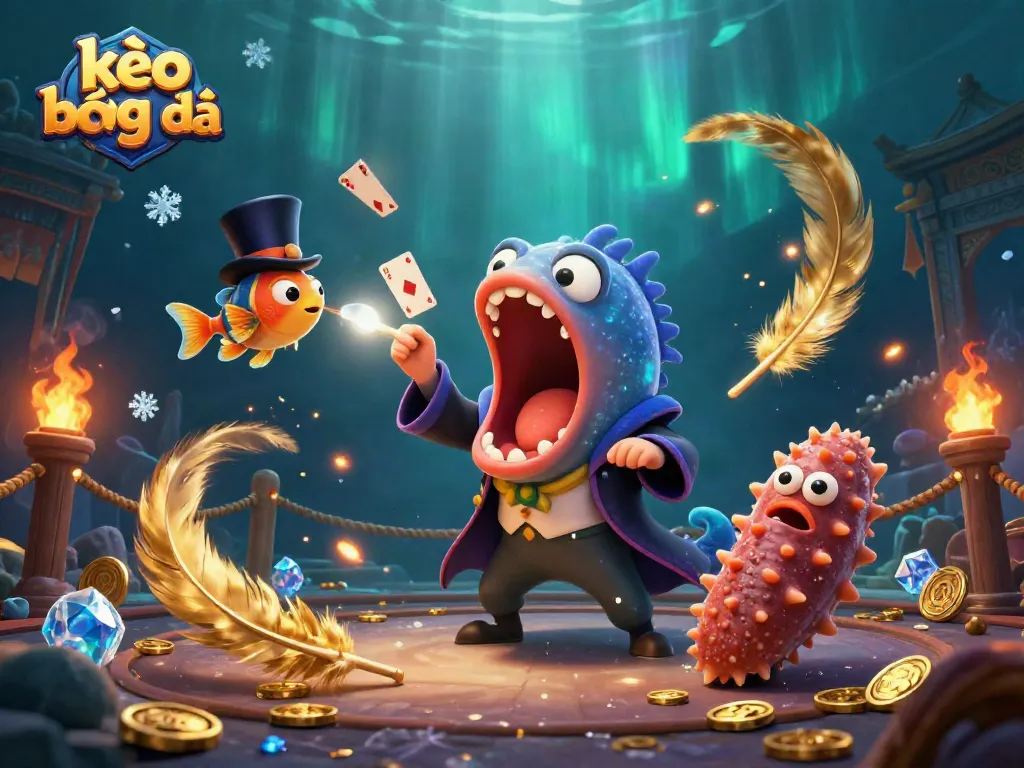Experience the thrill of kèo bóng đá with vibrant visuals of animated sea creatures performing magic tricks around dynamic gambling elements.