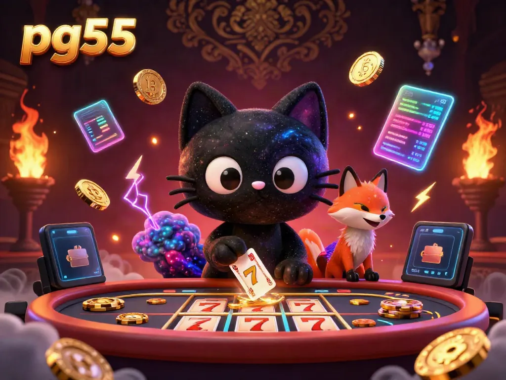 Experience the excitement of pg55's cosmic casino with the black hole cat and nebula fox winning big with golden chips.