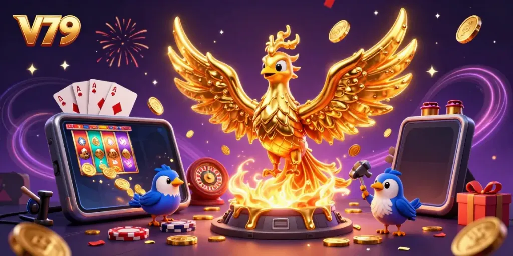 Experience the thrill with V79 as golden coins flow from a phoenix's molten wings amidst vibrant casino games.