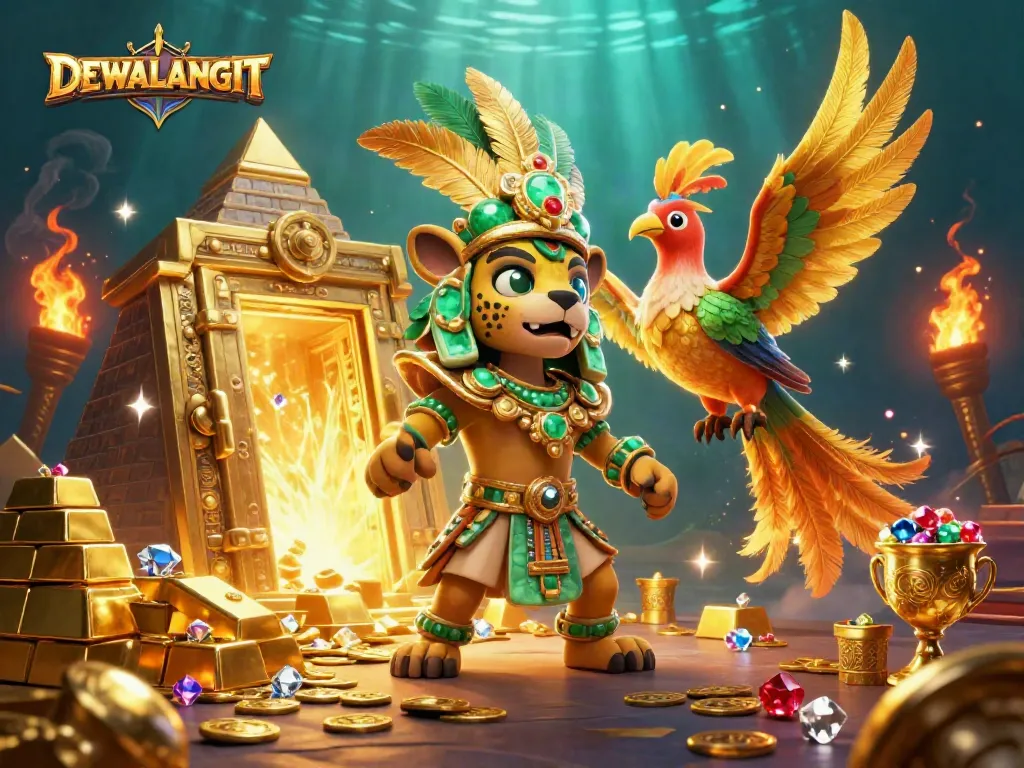 DEWALANGIT menyajikan jaguar Maya dengan harta karun dan cahaya emas untuk menarik perhatian pemain.
