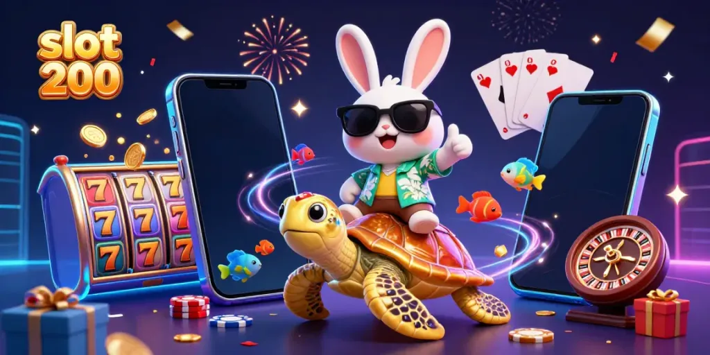 Experience excitement with slot 200 as a lucky rabbit and golden turtle celebrate jackpots in a vibrant casino scene.
