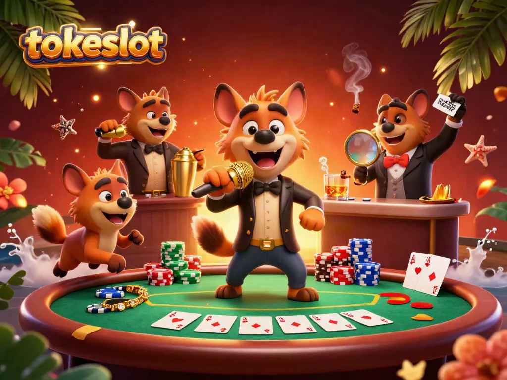 Tokeslot casino scene featuring hyenas in a lively comedy setting with colorful game elements and tropical decorations.