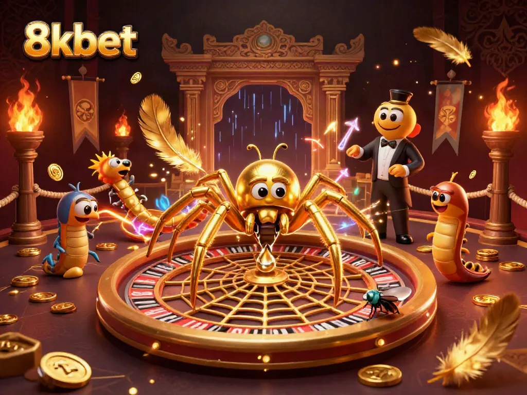 Engage with exciting 8xbet gaming options through a vibrant 3D scene of a spider, fly, and croupier.