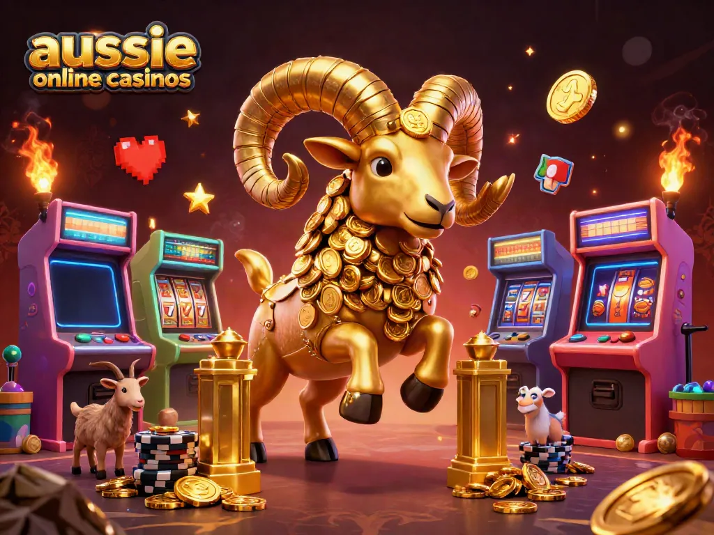 Experience the thrill of aussie online casinos with a dynamic golden ram and colorful casino elements.