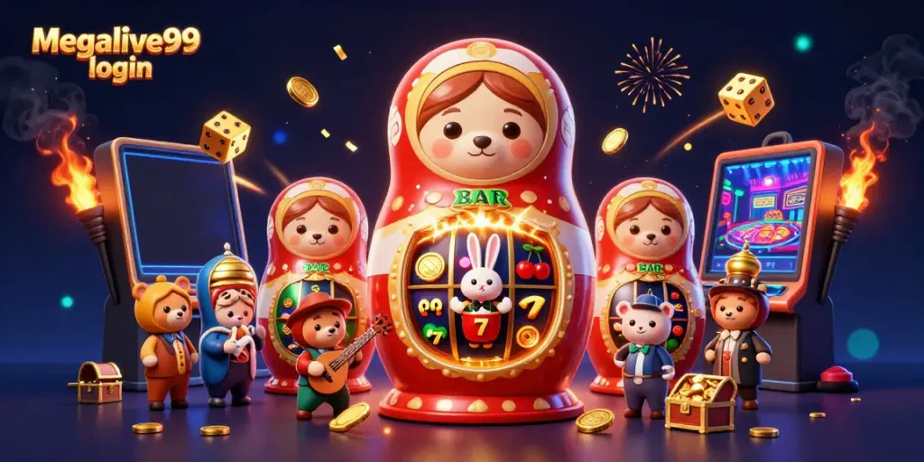Megalive99 login bermain slot dengan beruang Matryoshka dan simbol keberuntungan.