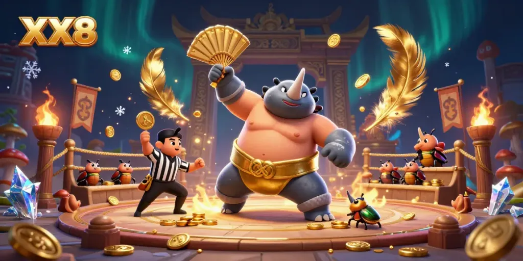 Experience thrilling moments with XX8 as a sumo beetle champion unleashes a powerful stomp sending coins flying.