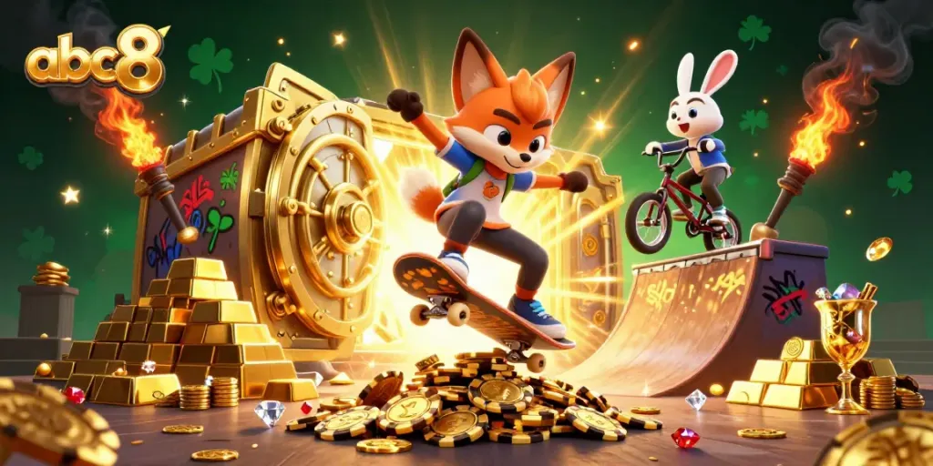 Engage with abc8 gaming excitement through vibrant 3D action featuring a fox and rabbit.