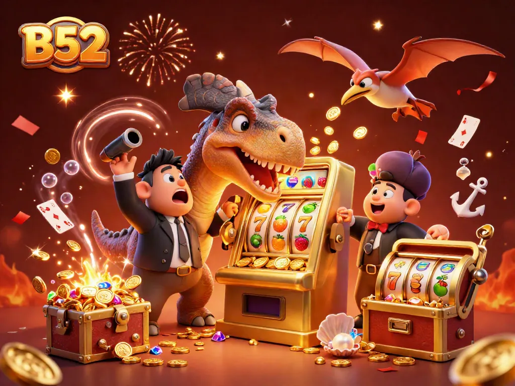 B52 slot machine pays a jackpot while cartoon dinosaurs celebrate with coins and cards