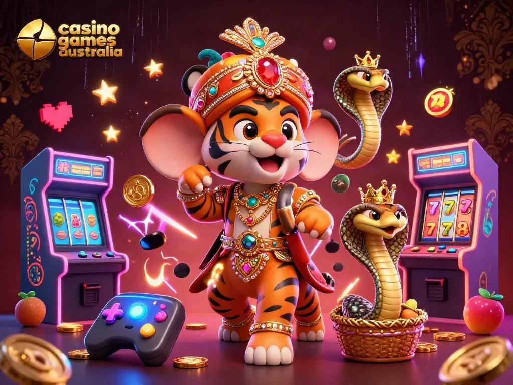 Engaging 3D illustration showcasing a vibrant casino games australia scene with exotic characters and slot elements.