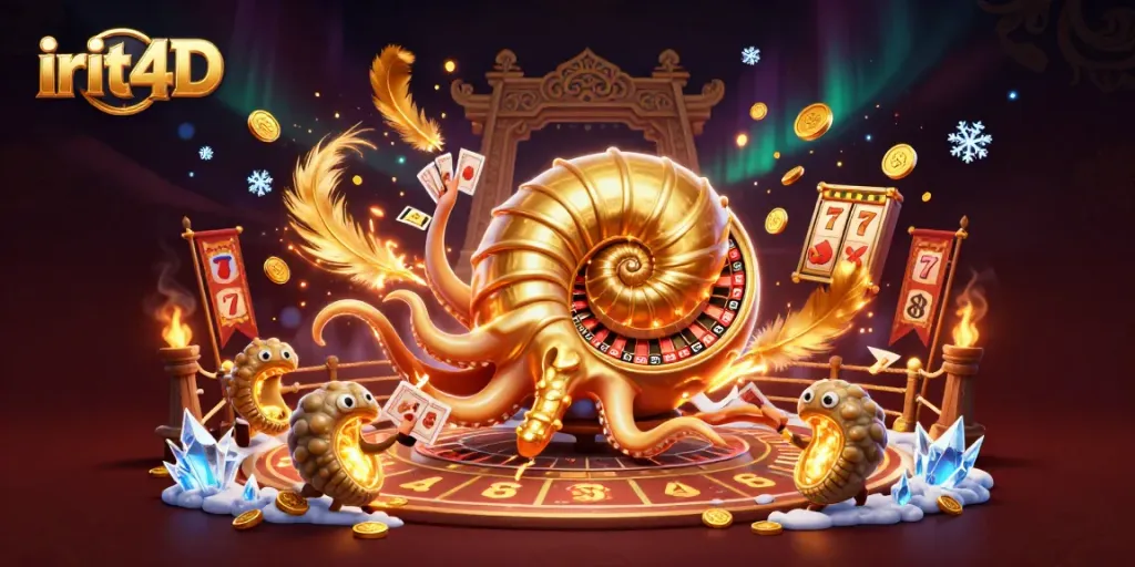 Experience thrilling gameplay with irit4D featuring a giant casino nautilus holding cards amidst gold and slot reels.