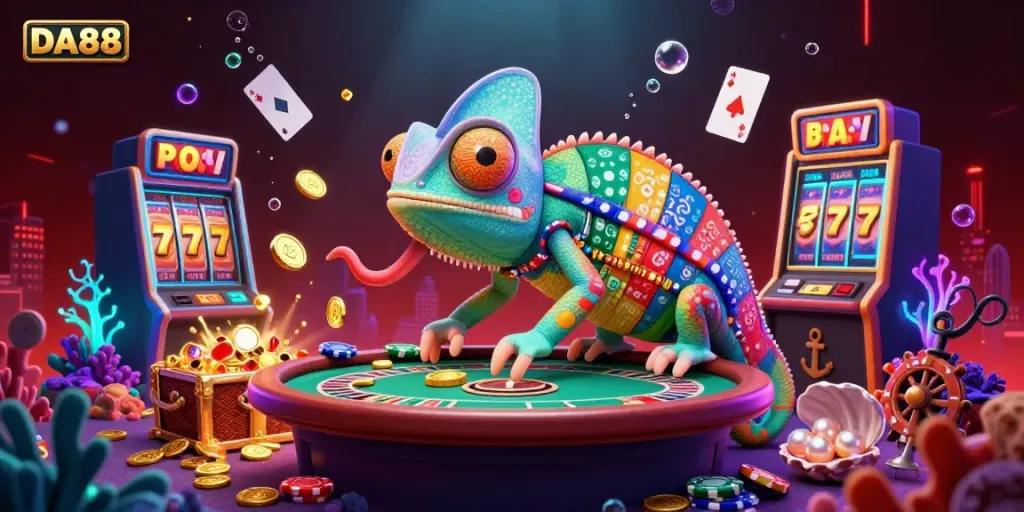 Experience the excitement of DA88 with a vibrant chameleon casino scene featuring dynamic games and glowing treasures.