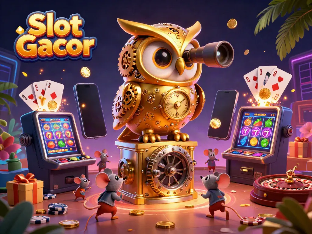 Experience the thrill of Slot Gacor with 3D cartoon characters exploring a vibrant casino scene.