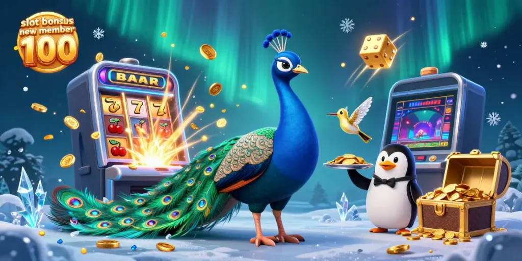 Experience the thrill of winning with slot bonus new member 100 in this vibrant 3D casino scene.