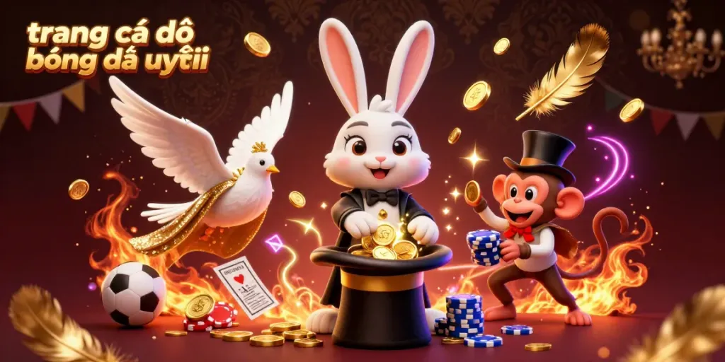 Experience the vibrant world of "trang cá độ bóng đá uy tín" where a magician rabbit pulls coins while surrounded by sports elements.