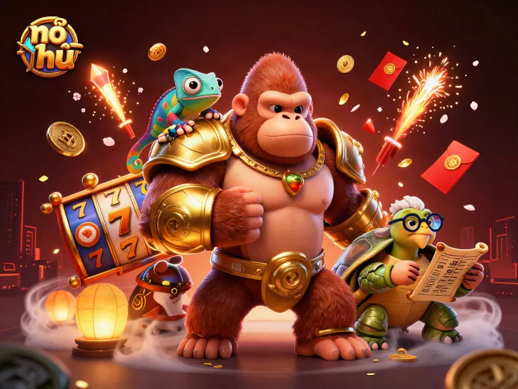 The illustration showing nổ hũ features the gorilla king, chameleon, and tortoise in a vibrant casino atmosphere.