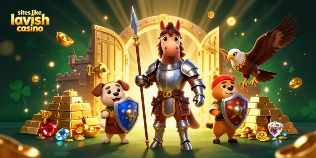 Experience games like lavish luck casino in this vibrant, dynamic cartoon scene of gaming excitement.