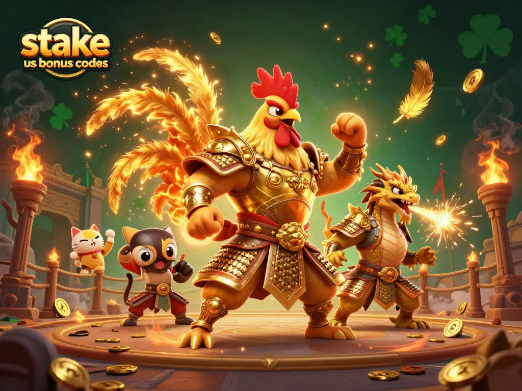 Engage with stake us bonus codes for exciting rewards in a vibrant casino-themed illustration.