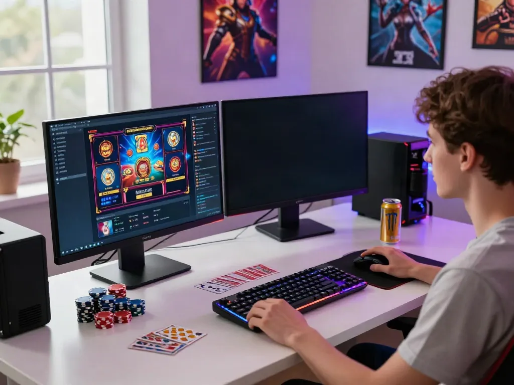 Engaging online gaming setup with akunjp theme, vibrant gaming gear, and immersive atmosphere.