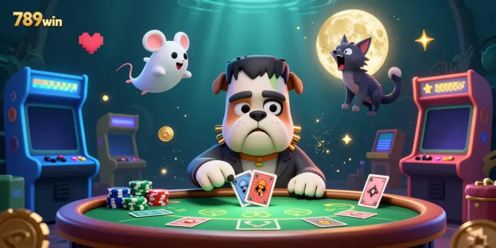 Experience thrilling gameplay with the 789win bulldog dealer at a spooky green poker table.