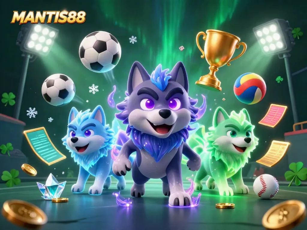 MANTIS88 showcases a dynamic scene with ghostly wolves, sports elements, and vibrant energy.