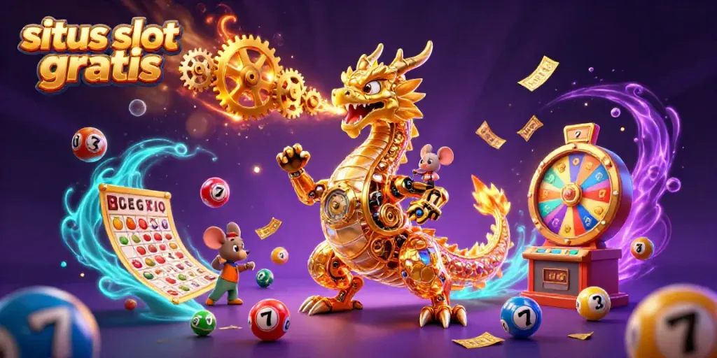 Engage with situs slot gratis featuring a golden dragon surrounded by slot reels and vibrant casino elements.