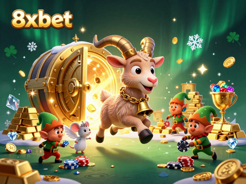 Spin the reels at 8xbet's lively casino, featuring a whimsical Krampus goat and mischievous elf gremlins.