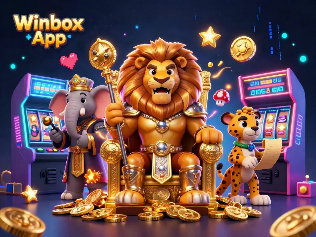Play exciting games on the Winbox App, featuring a regal lion, wise elephant, and swift cheetah in a vibrant casino setting.