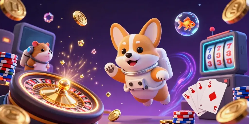Slot berkualitas tinggi dalam ilustrasi digital 3D menampilkan corgi astronot dan elemen kasino.