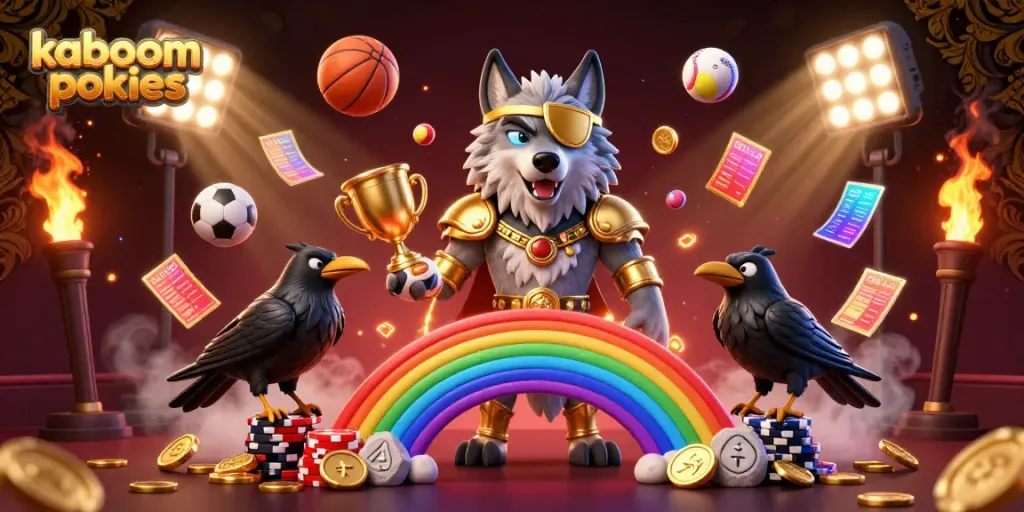 Experience kaboom pokies with vibrant characters, sports balls, and immersive casino elements.