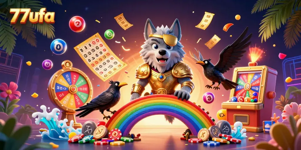 Experience thrilling games at 77ufa with vibrant lottery elements and Norse-inspired characters.