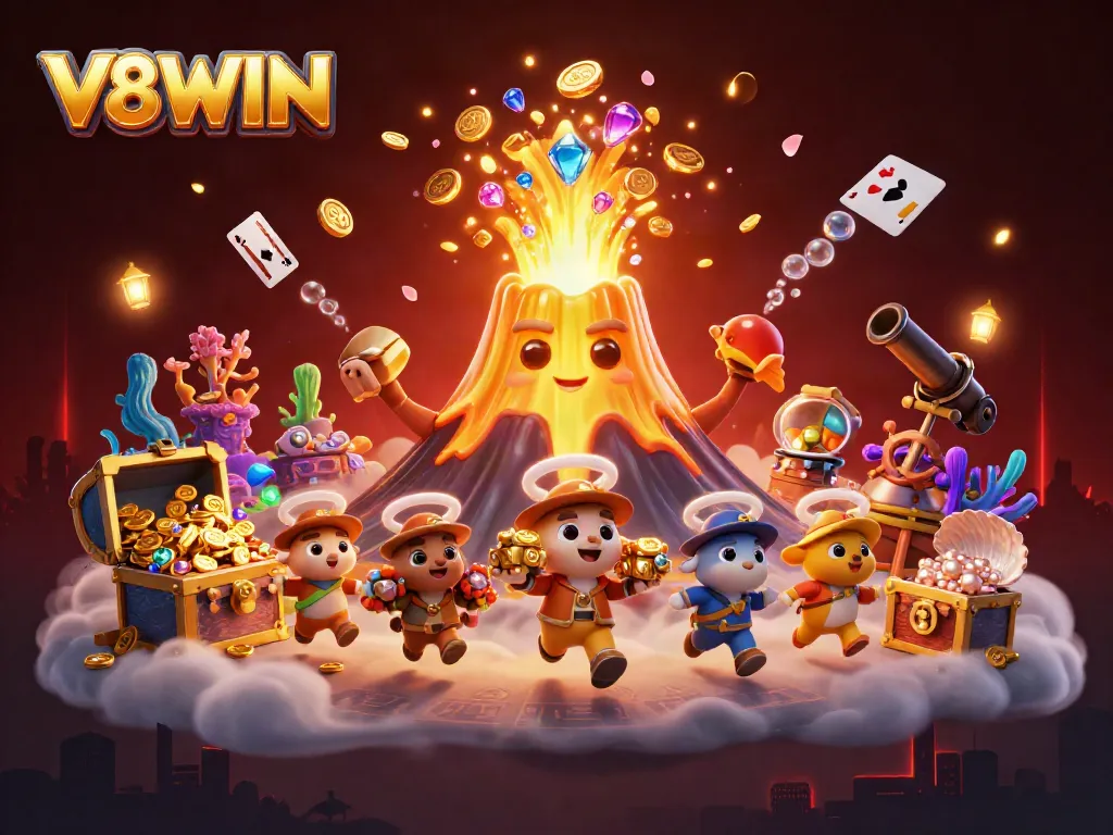 Win big with V8WIN in this vibrant 3D illustration of treasures and casino elements!