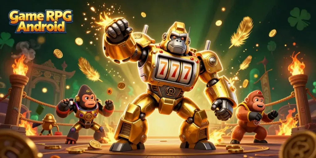 Permainan RPG Android dengan gorila emas dan mesin slot berputar yang menarik perhatian dengan efek api dan asap.