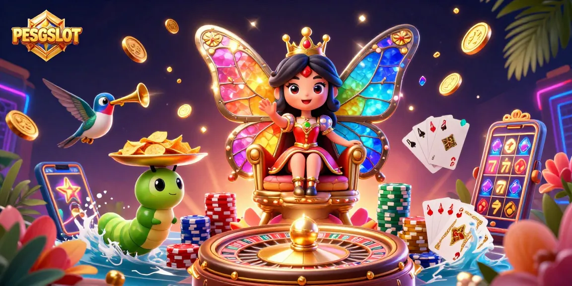 Slot seru di PESGSLOT dengan ilustrasi ratu kupu-kupu dan chip emas berkilauan