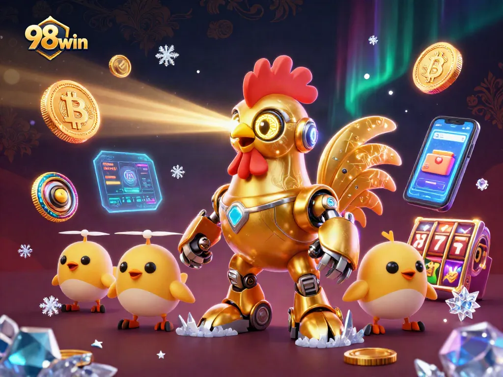 Play exciting games at 98win with a dynamic illustration of casino-themed characters and crypto elements.