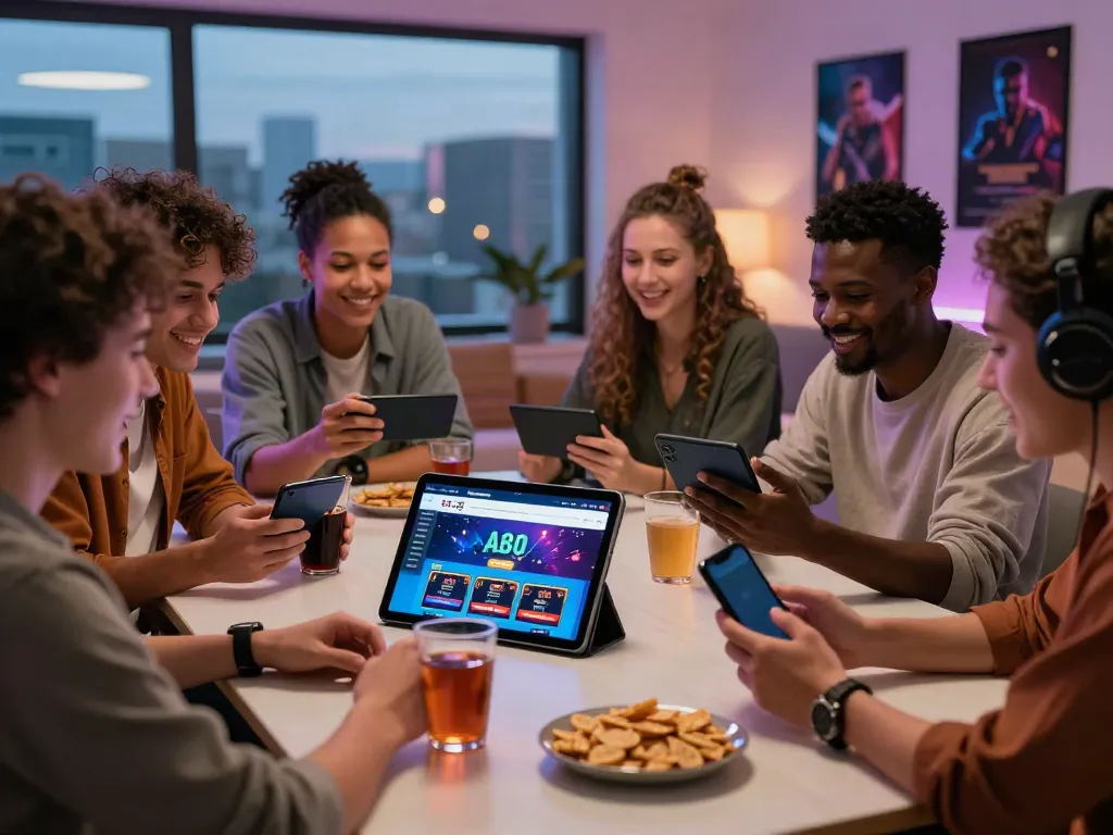 A80 homepage showcased on a tablet with friends engaging in a lively online casino experience.