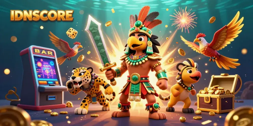 IDNSCORE features exciting casino jackpot elements with an Aztec warrior and jaguar, capturing the thrill of gaming.