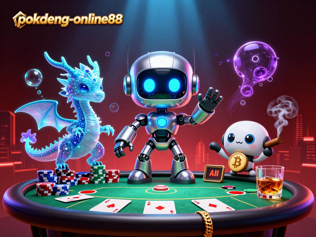 Play intense Pokdeng with pokdeng-online88, featuring a vibrant poker scene with dynamic characters and action.