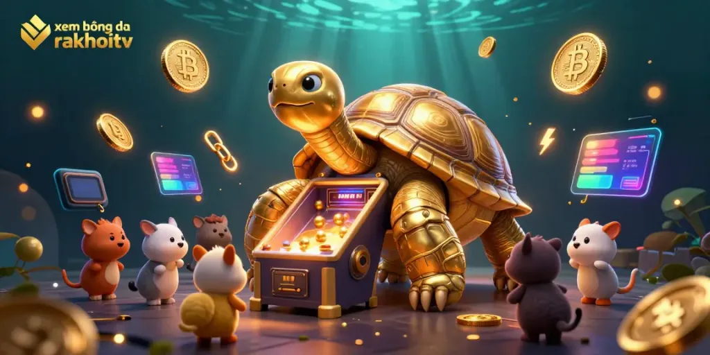 Experience the excitement of xem bóng đá rakhoitv with a vibrant cartoon scene showcasing a golden tortoise pinball machine.