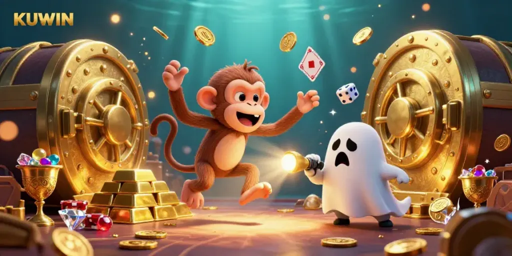 Engage in mesmerizing adventures with KUWIN's vibrant casino scene featuring juggling poltergeist monkey and ghost-hunter puppy.