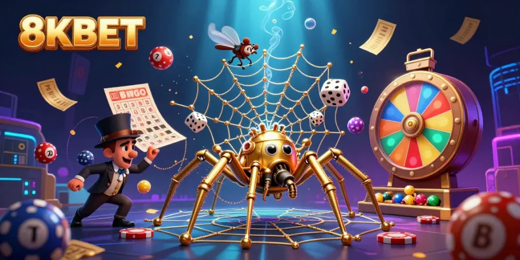 Experience the excitement of 8KBET with a lively 3D scene featuring a steampunk spider and vibrant lottery elements.