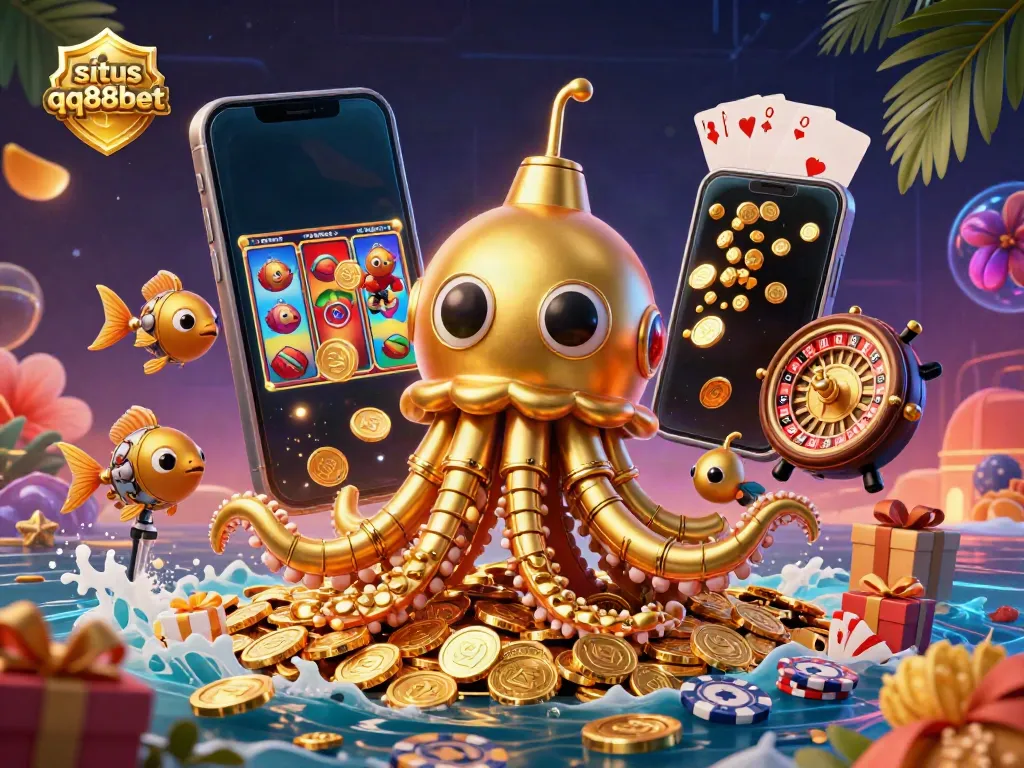 Experience the vibrant fun of situs qq88bet with a golden kraken submarine and slot games in a colorful underwater world.