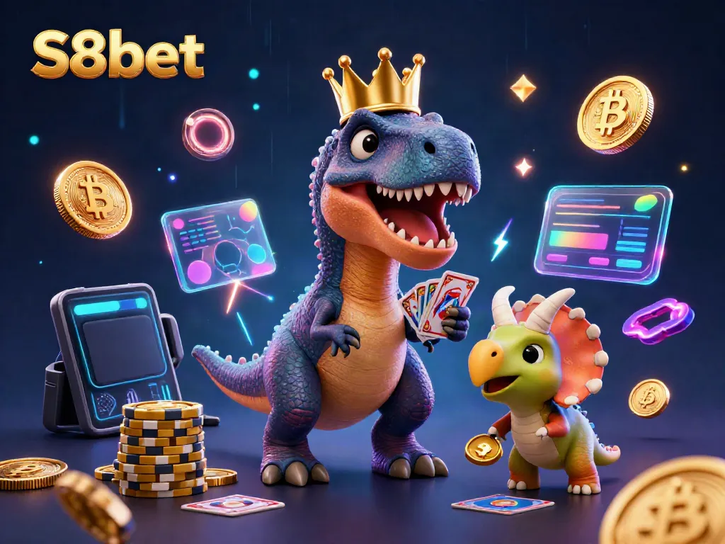 Experience S8bet as a T-Rex shuffles cards while surrounded by neon crypto elements.