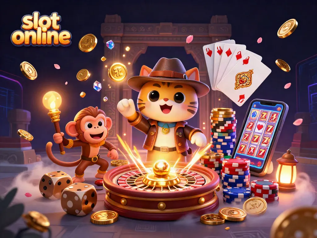Engage with exciting slot online adventures featuring lucky cats, coins, and vibrant casino graphics.