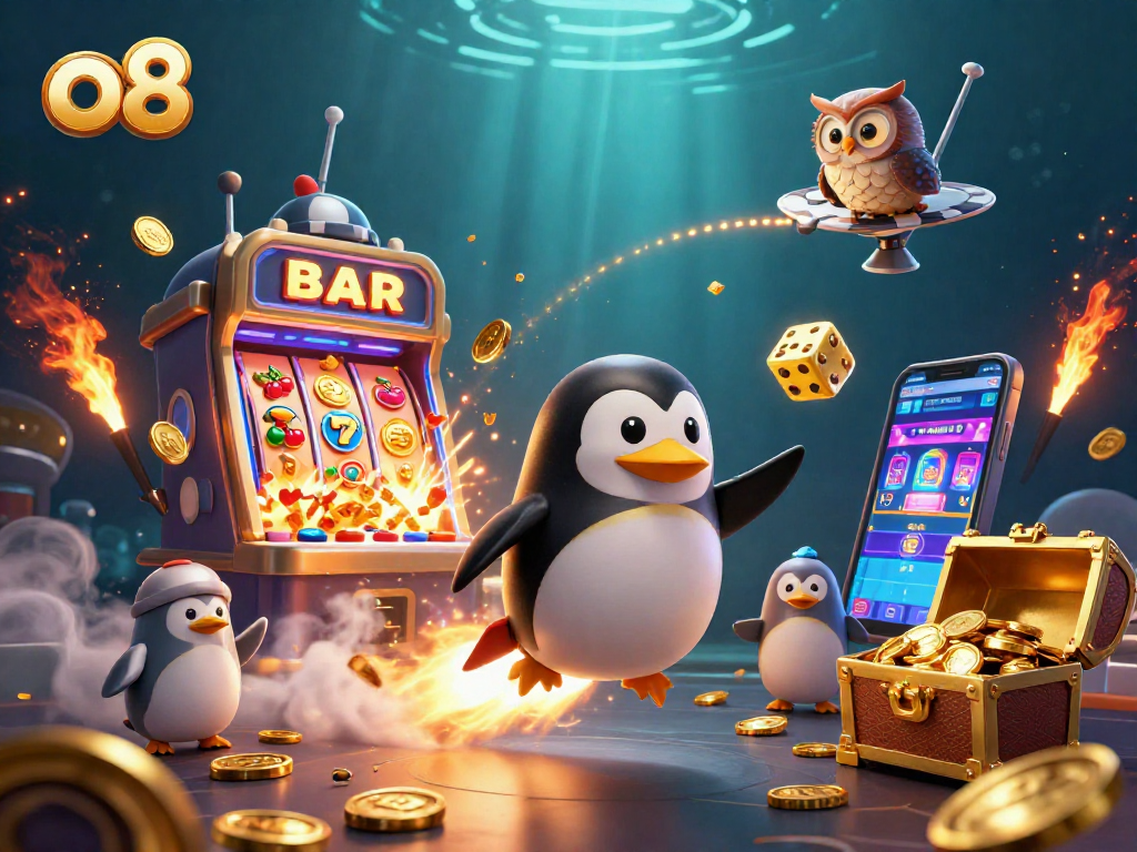 Experience the thrill of gaming with the dynamic o8 casino scene featuring a golden penguin and jackpot slot.