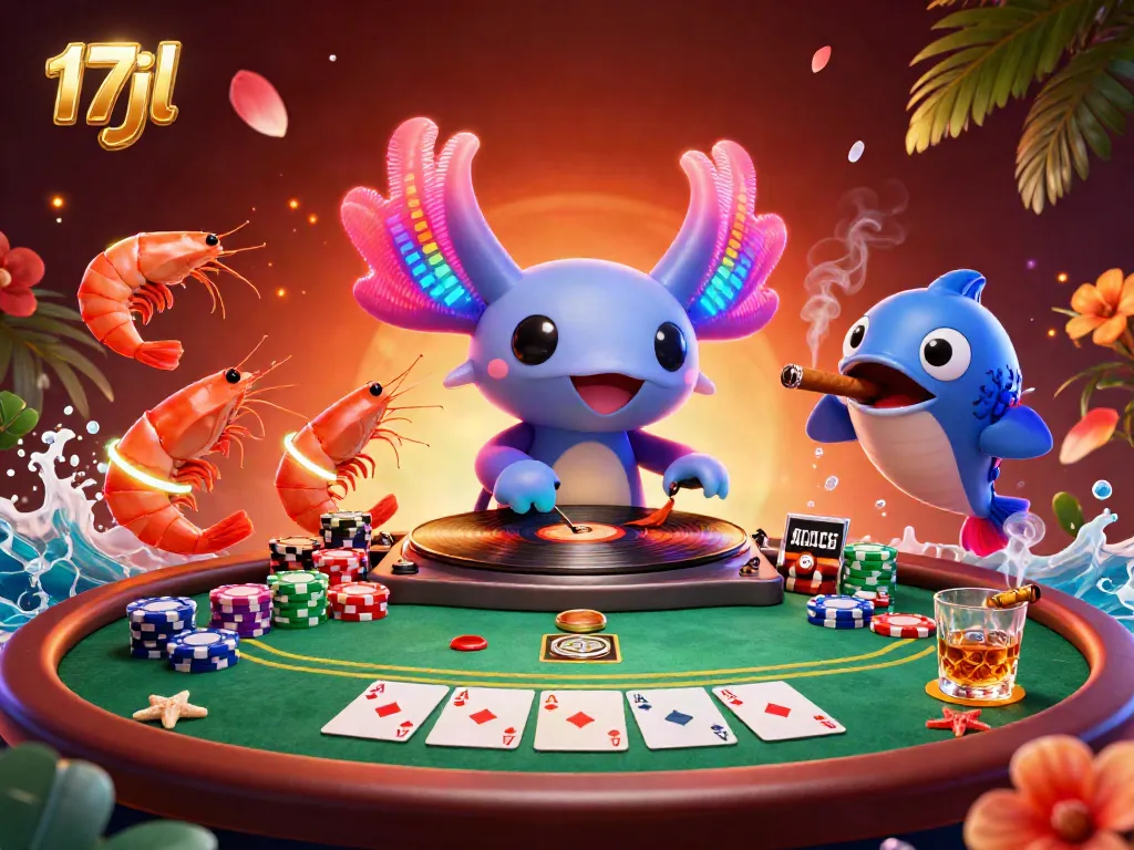 Immerse in vibrant 17jl casino action with a neon axolotl DJ spinning records and poker excitement.