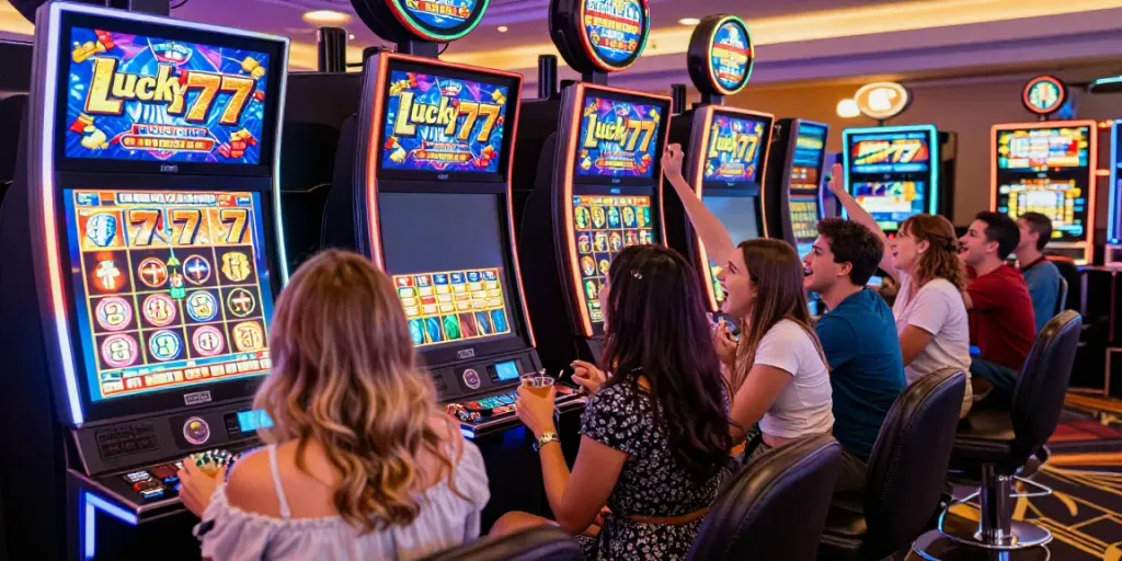 Group of friends celebrating a jackpot win at a "Lucky777" slot machine in a lively casino environment.